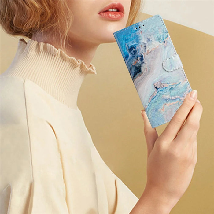 For iPhone 15 Pro Stand Phone Case Pattern Printing PU Leather Wallet Cover with Strap - Blue Marble - 4