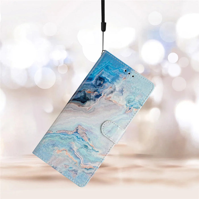 For iPhone 15 Pro Stand Phone Case Pattern Printing PU Leather Wallet Cover with Strap - Blue Marble - 5