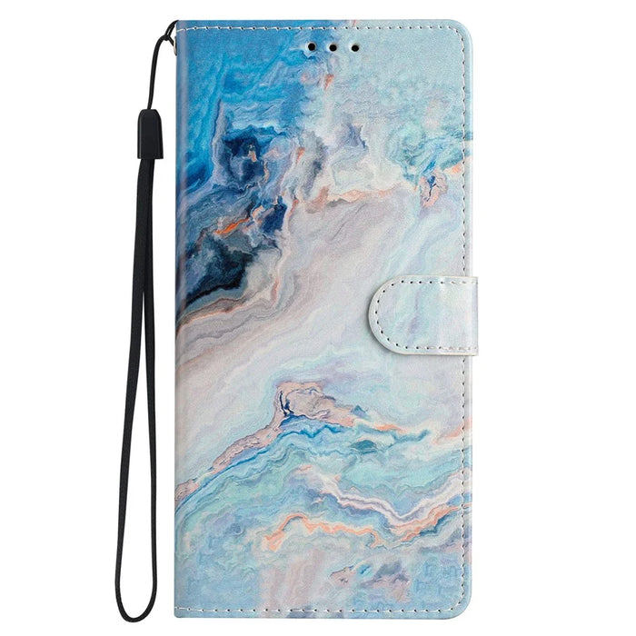 For iPhone 15 Pro Stand Phone Case Pattern Printing PU Leather Wallet Cover with Strap - Blue Marble - 6