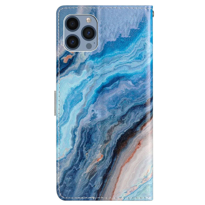For iPhone 15 Pro Stand Phone Case Pattern Printing PU Leather Wallet Cover with Strap - Blue Marble - 7