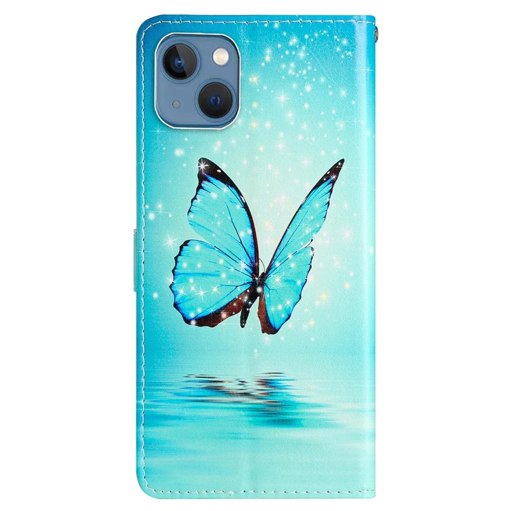 For iPhone 15 Plus Wallet Case PU Leather Pattern Printing Stand Phone Cover with Strap - Blue Butterfly - 7