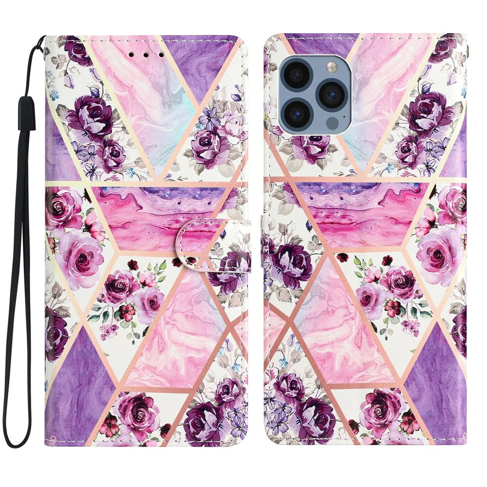For iPhone 15 Pro Max Pattern Printing Flip Phone Case PU Leather Wallet Stand Cover with Strap - Purple Flowers - 1