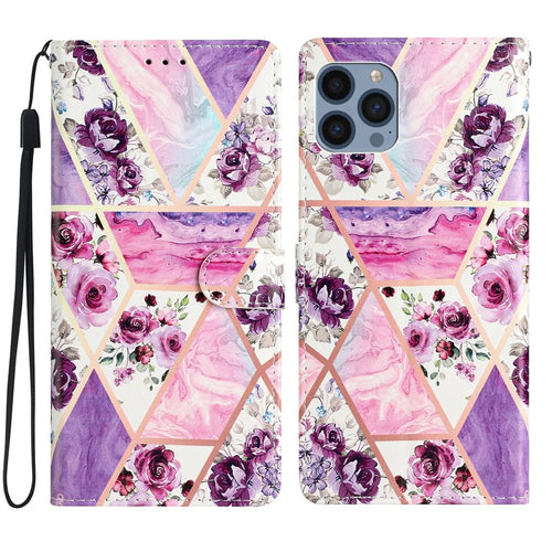 For iPhone 15 Pro Max Pattern Printing Flip Phone Case PU Leather Wallet Stand Cover with Strap - Purple Flowers - 1