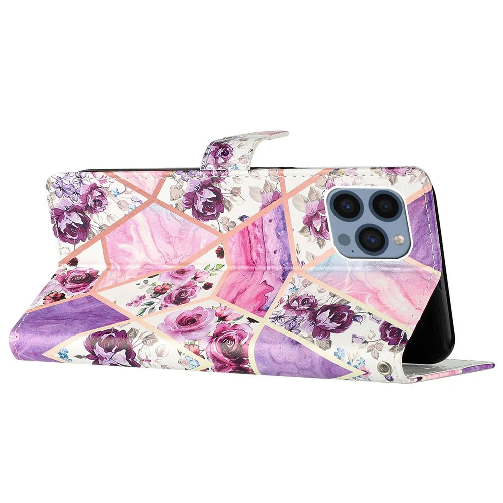 For iPhone 15 Pro Max Pattern Printing Flip Phone Case PU Leather Wallet Stand Cover with Strap - Purple Flowers - 3