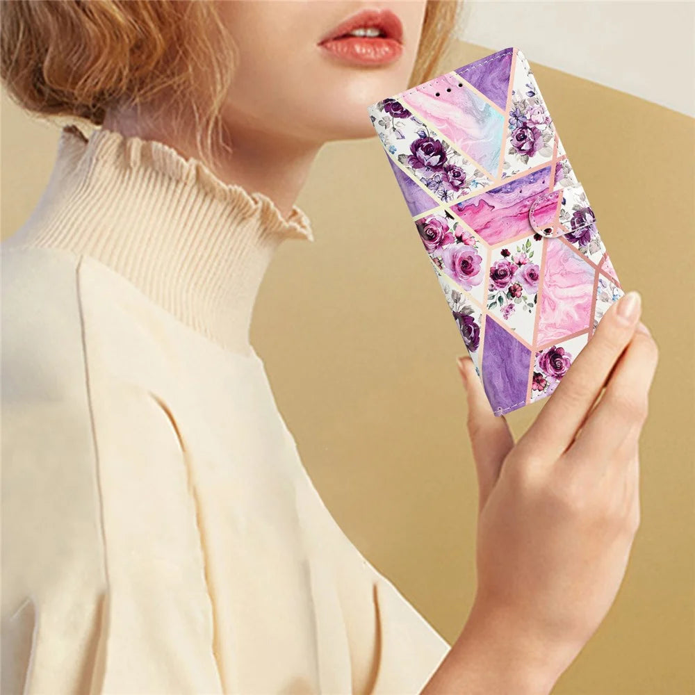 For iPhone 15 Pro Max Pattern Printing Flip Phone Case PU Leather Wallet Stand Cover with Strap - Purple Flowers - 4