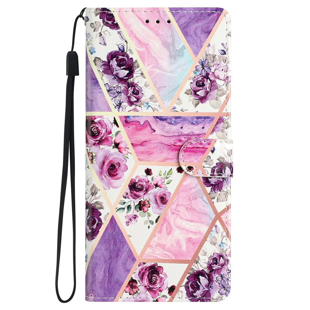 For iPhone 15 Pro Max Pattern Printing Flip Phone Case PU Leather Wallet Stand Cover with Strap - Purple Flowers - 6