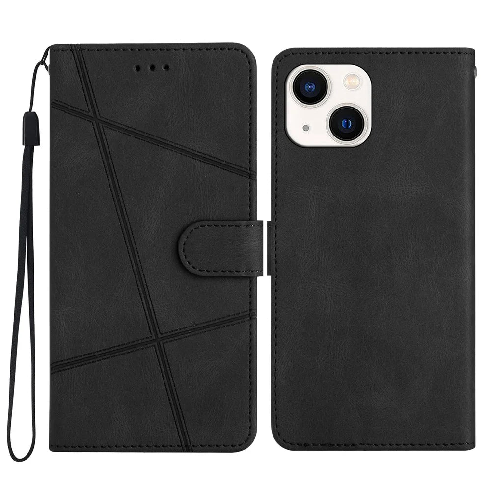 For iPhone 15 Wallet Leather Phone Stand Case Crazy Horse Texture Shell Phone Cover Imprinted Lines Shell - Black - 1