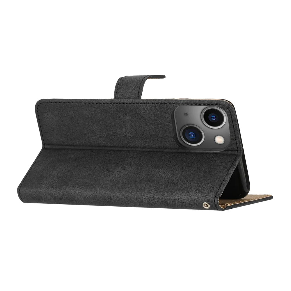 For iPhone 15 Wallet Leather Phone Stand Case Crazy Horse Texture Shell Phone Cover Imprinted Lines Shell - Black - 4
