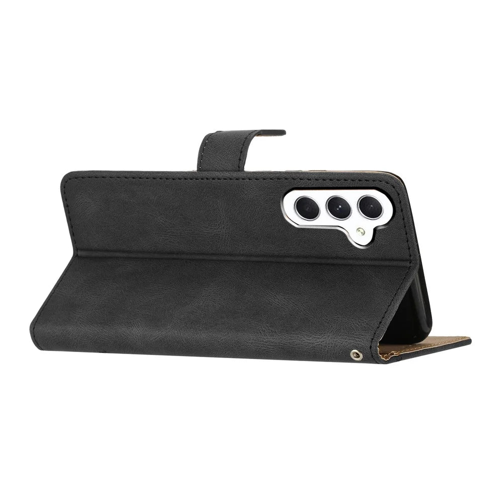 For Samsung Galaxy A25 5G (Global) (161.0 x 76.5 x 8.3mm) Phone Shell Cover Imprinted Lines Wallet Crazy Horse Texture Leather Stand Case - Black - 4