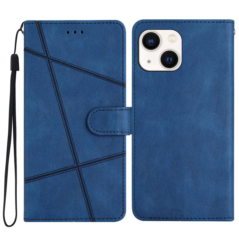 For iPhone 15 Plus Wallet Crazy Horse Texture Shell Phone Cover Imprinted Lines Leather Phone Stand Case - Blue - 1
