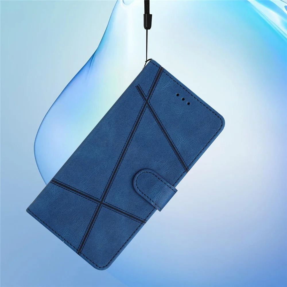 For iPhone 15 Plus Wallet Crazy Horse Texture Shell Phone Cover Imprinted Lines Leather Phone Stand Case - Blue - 6