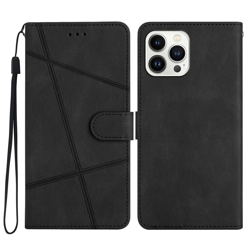 For iPhone 15 Pro Phone Cover Imprinted Lines Crazy Horse Texture Shell Leather Phone Stand Case Wallet - Black - 1
