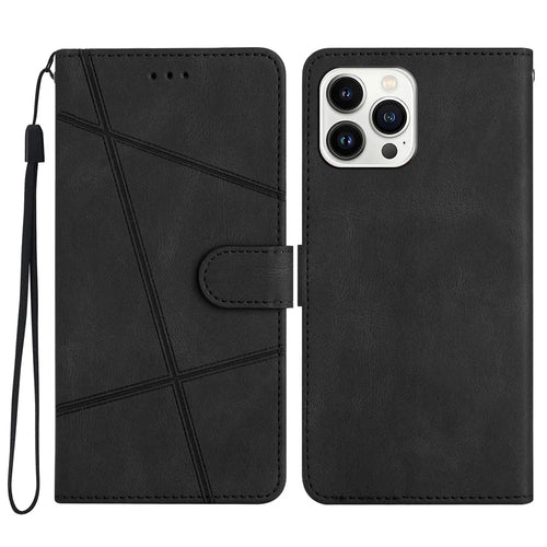 For iPhone 15 Pro Phone Cover Imprinted Lines Crazy Horse Texture Shell Leather Phone Stand Case Wallet - Black - 1