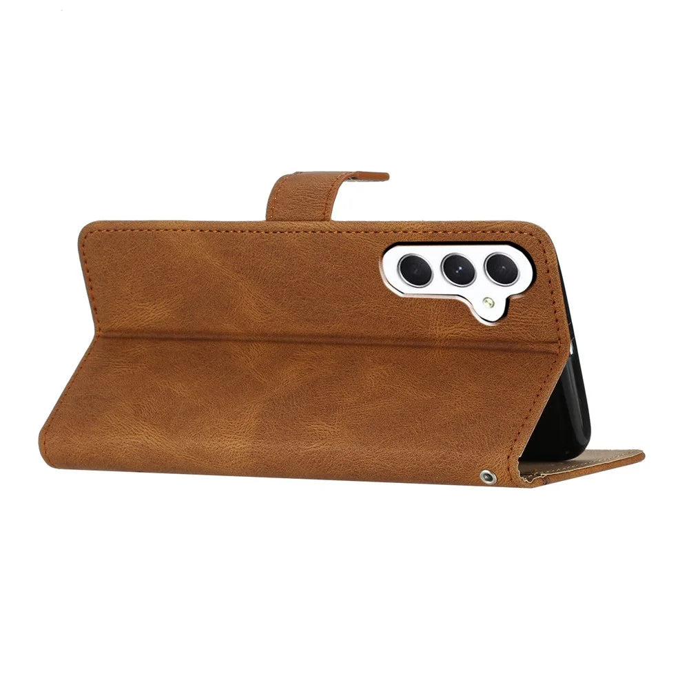 For Samsung Galaxy S23 FE Phone Cover Crazy Horse Texture Imprinted Lines Shell PU Leather Phone Stand Case Wallet - Brown - 4