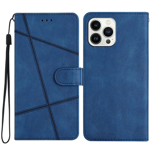 For iPhone 15 Pro Max Phone Stand Case Wallet PU Leather Phone Cover Crazy Horse Texture Imprinted Lines Shell - Blue - 1