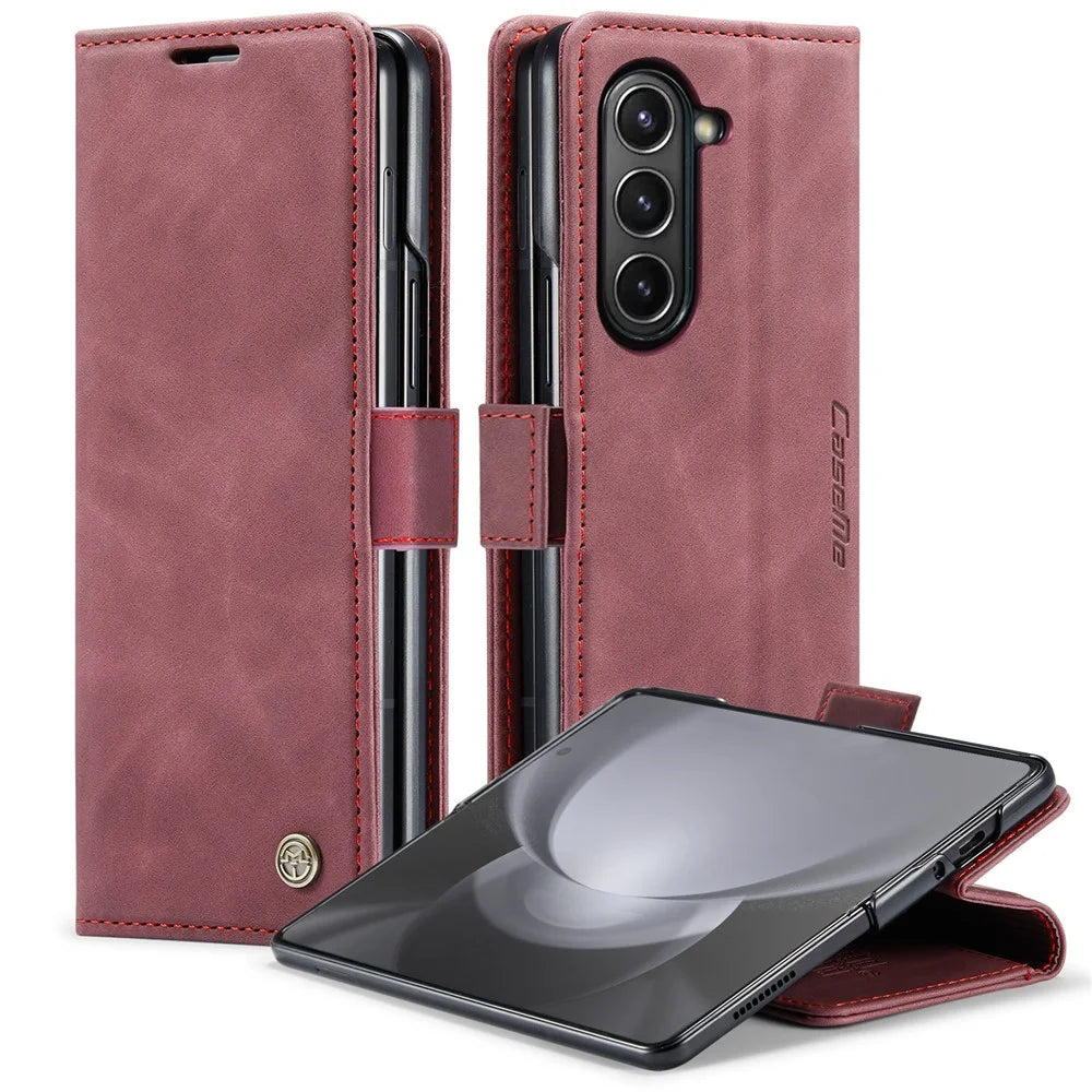 CASEME 013 Series For Samsung Galaxy Z Fold5 5G Wallet Leather Phone Case Stand Phone Cover - Wine Red - 1