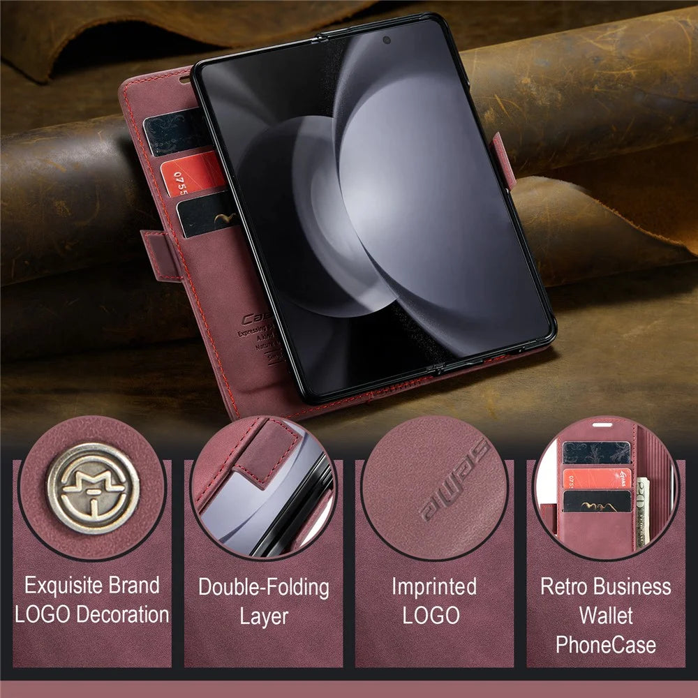 CASEME 013 Series For Samsung Galaxy Z Fold5 5G Wallet Leather Phone Case Stand Phone Cover - Wine Red - 4