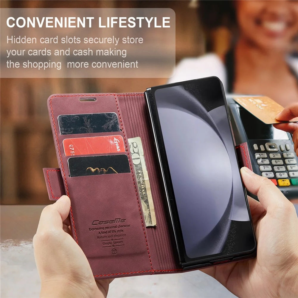 CASEME 013 Series For Samsung Galaxy Z Fold5 5G Wallet Leather Phone Case Stand Phone Cover - Wine Red - 6