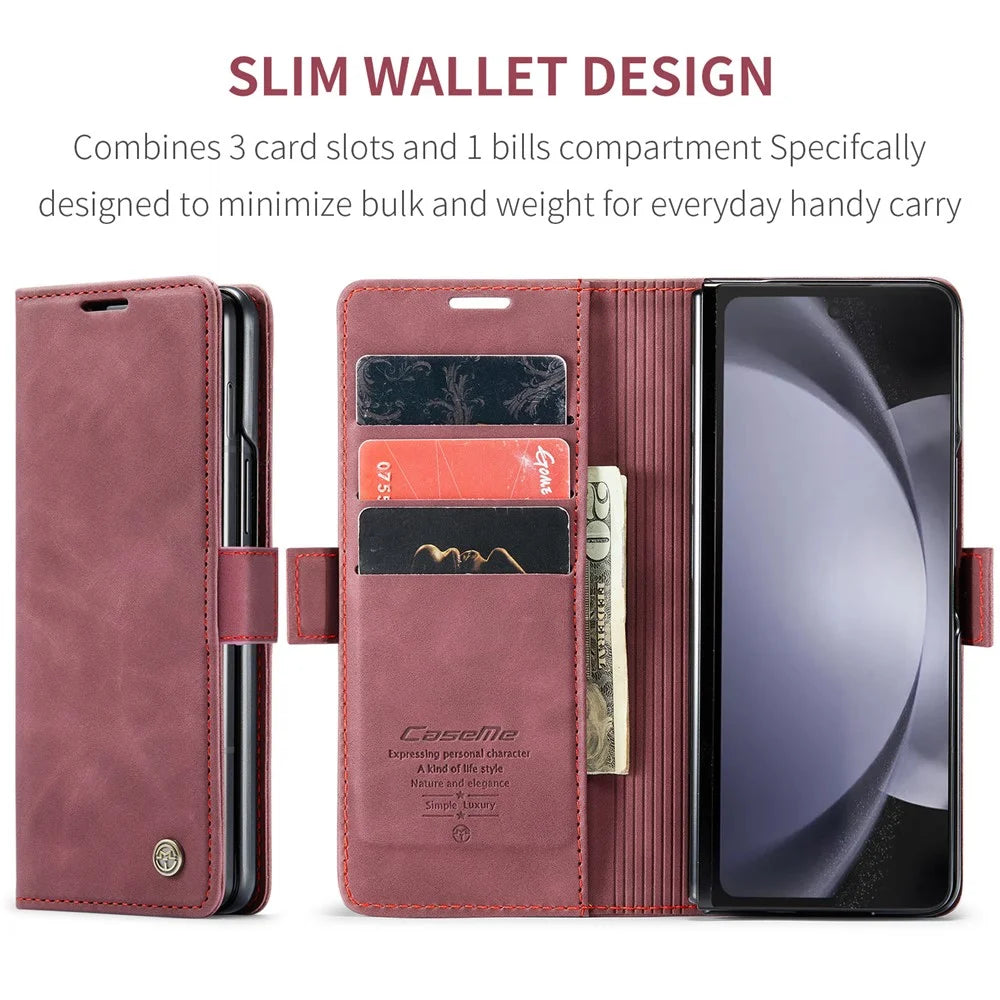 CASEME 013 Series For Samsung Galaxy Z Fold5 5G Wallet Leather Phone Case Stand Phone Cover - Wine Red - 7
