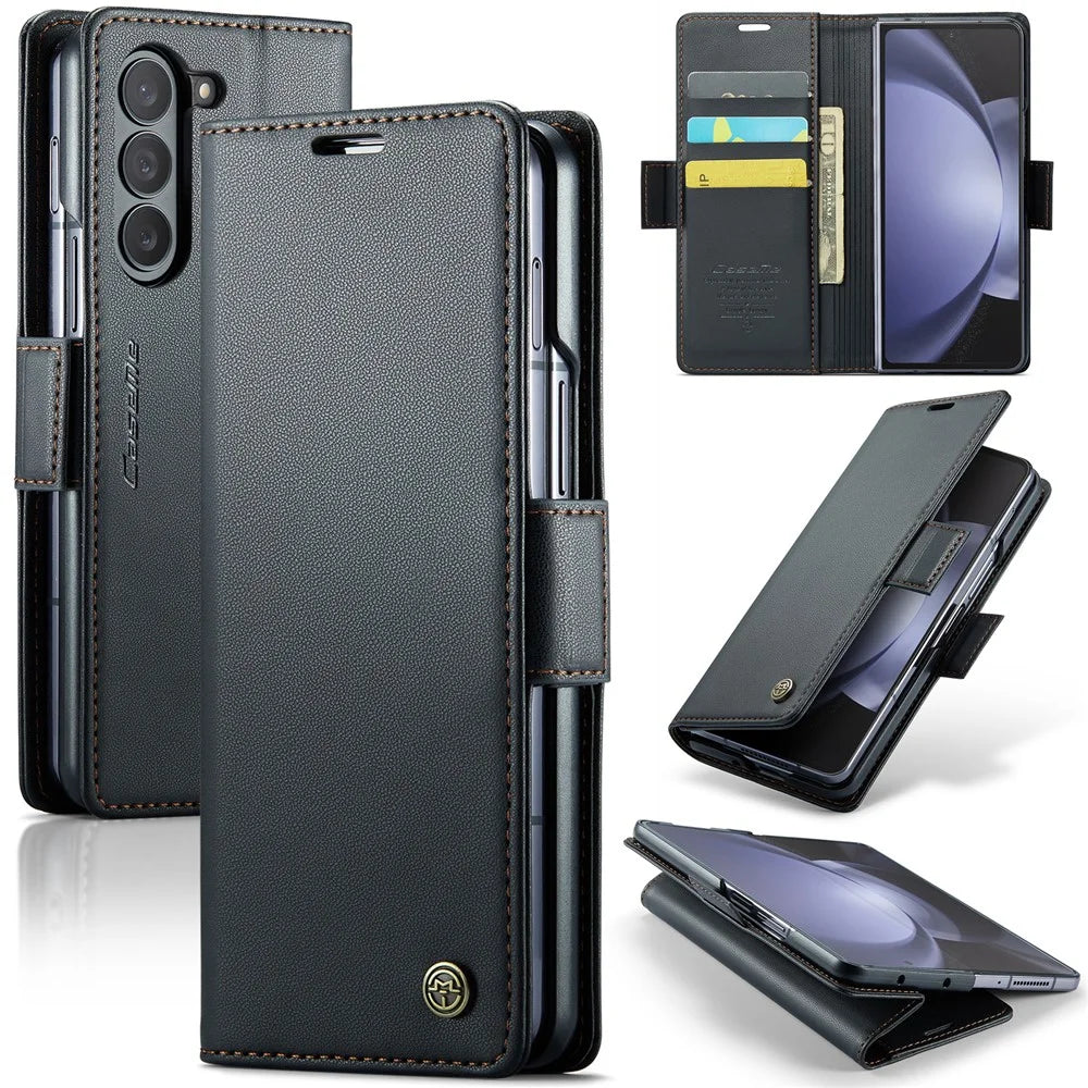 For Samsung Galaxy Z Fold5 5G Leather Case CASEME 023 RFID Blocking 3 Card Slot Mobile Cover - Black - 1