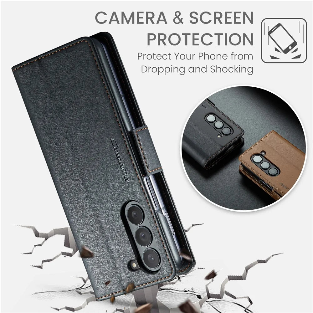 For Samsung Galaxy Z Fold5 5G Leather Case CASEME 023 RFID Blocking 3 Card Slot Mobile Cover - Black - 7