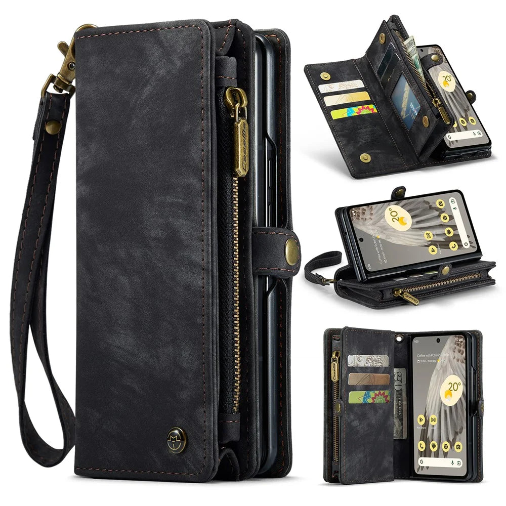 For Google Pixel Fold Phone Cases CASEME 008 Leather Cover with Detachable Wallet and Strap - Black - 1