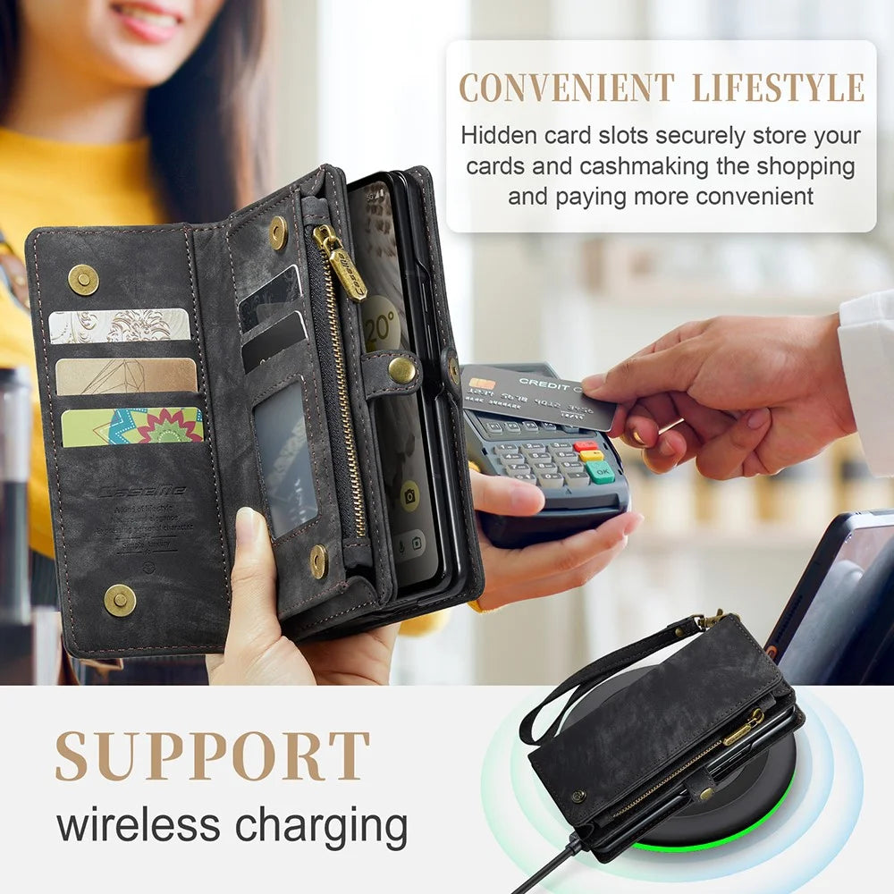 For Google Pixel Fold Phone Cases CASEME 008 Leather Cover with Detachable Wallet and Strap - Black - 6