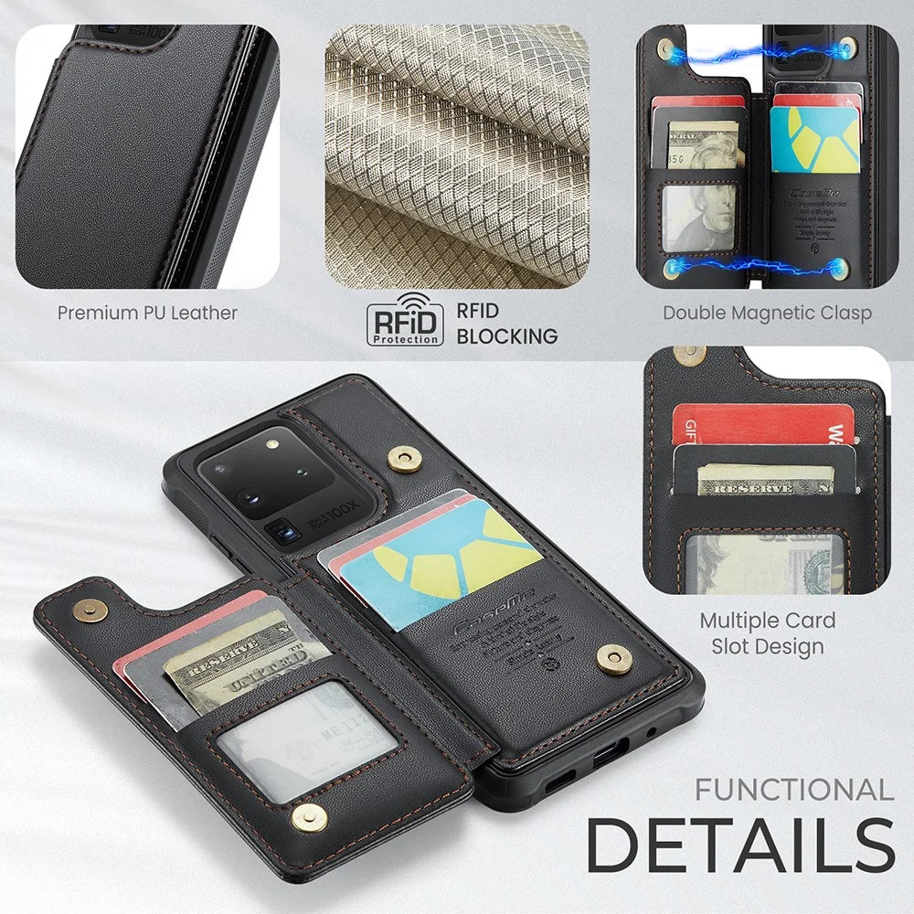 For Samsung Galaxy S20 Ultra Phone Case CASEME C22 Leather Back Cover with RFID Blocking Card Slots - Black - 5