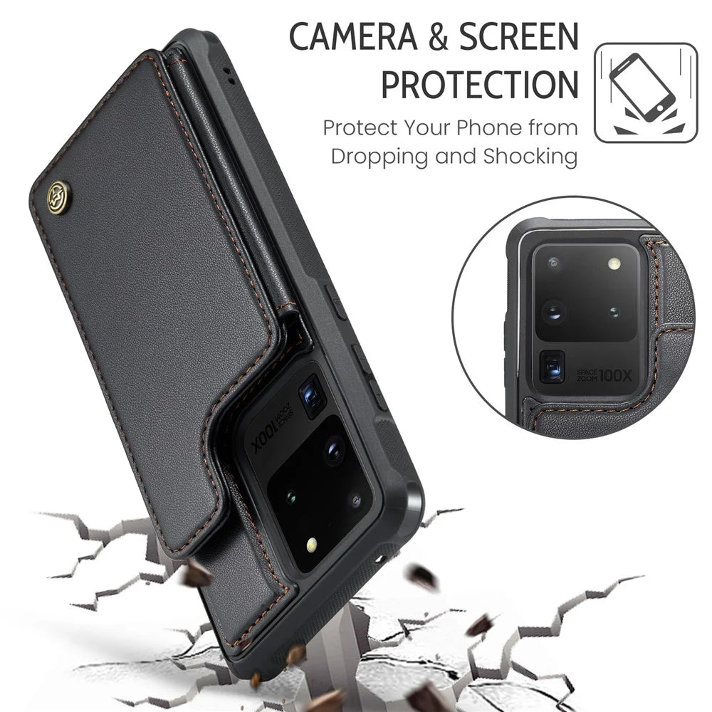 For Samsung Galaxy S20 Ultra Phone Case CASEME C22 Leather Back Cover with RFID Blocking Card Slots - Black - 6