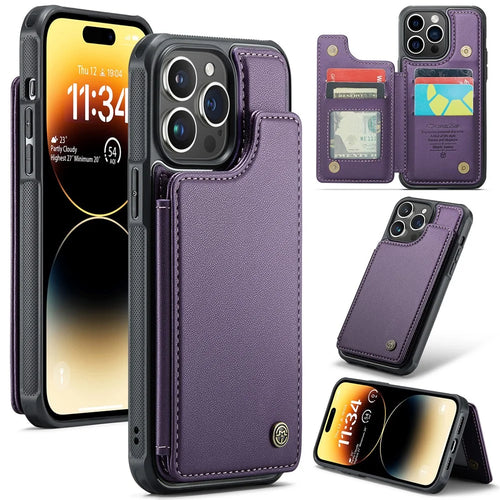 For iPhone 14 Pro Max Phone Case CASEME C22 Leather Back Cover with RFID Blocking Card Slots - Purple - 1