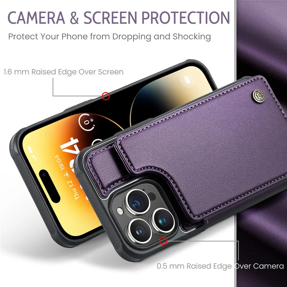 For iPhone 14 Pro Max Phone Case CASEME C22 Leather Back Cover with RFID Blocking Card Slots - Purple - 4