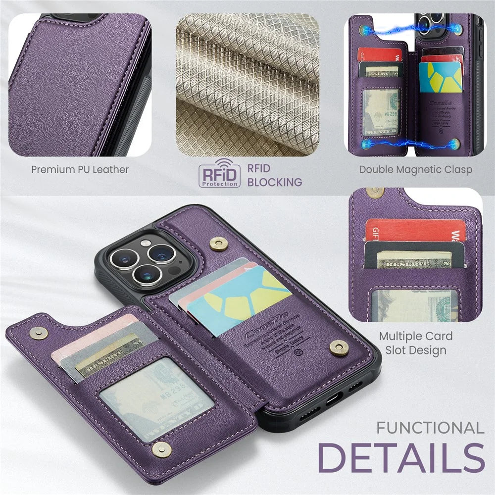 For iPhone 14 Pro Max Phone Case CASEME C22 Leather Back Cover with RFID Blocking Card Slots - Purple - 5