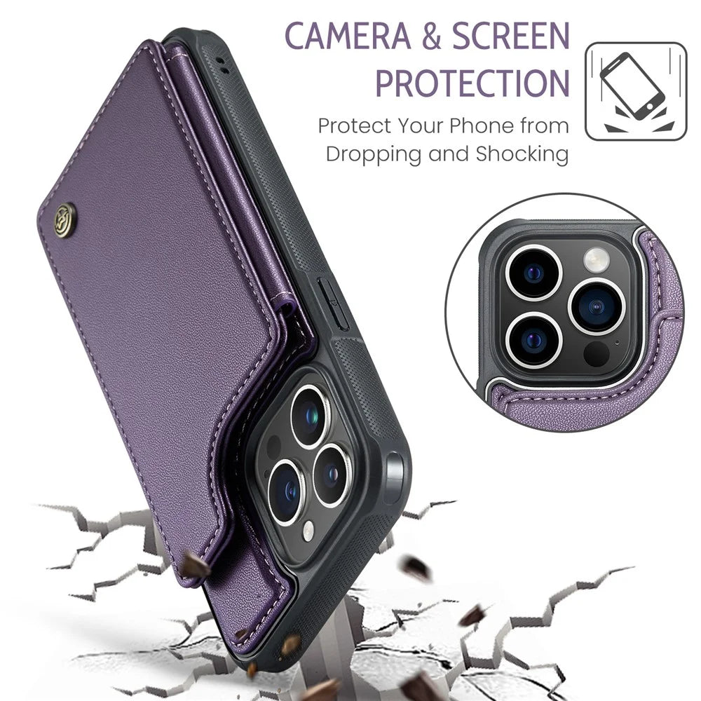 For iPhone 14 Pro Max Phone Case CASEME C22 Leather Back Cover with RFID Blocking Card Slots - Purple - 6