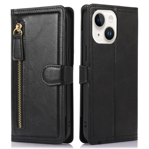 For iPhone 15 Phone Case Wallet Zipper Pocket Shockproof PU Leather Shell Flip Stand Phone Cover - Black - 1