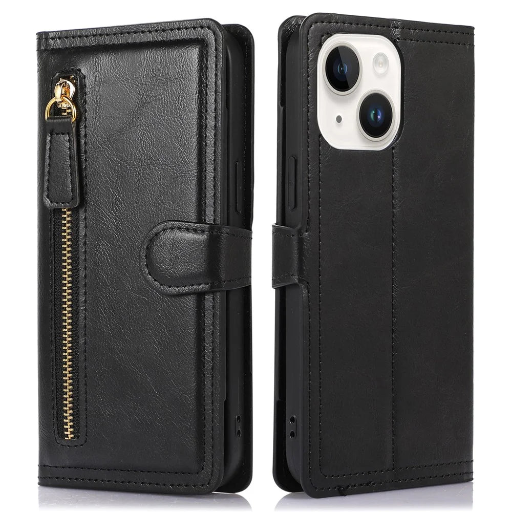 For iPhone 15 Phone Case Wallet Zipper Pocket Shockproof PU Leather Shell Flip Stand Phone Cover - Black - 1