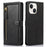 For iPhone 15 Phone Case Wallet Zipper Pocket Shockproof PU Leather Shell Flip Stand Phone Cover - Black - 1