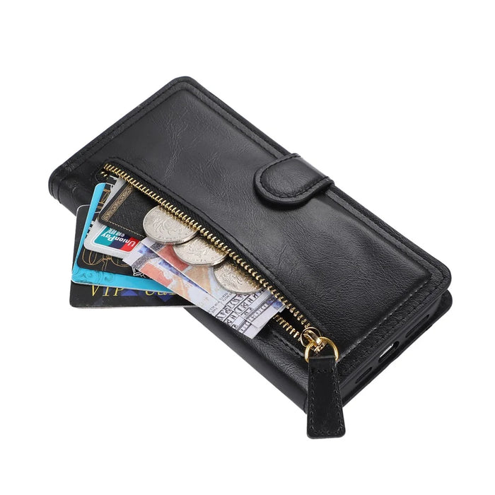 For iPhone 15 Phone Case Wallet Zipper Pocket Shockproof PU Leather Shell Flip Stand Phone Cover - Black - 4