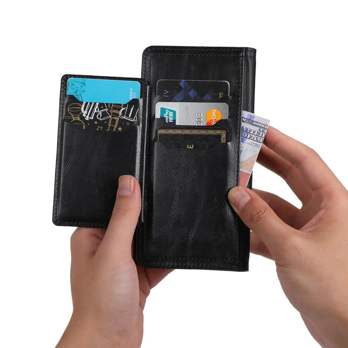 For iPhone 15 Phone Case Wallet Zipper Pocket Shockproof PU Leather Shell Flip Stand Phone Cover - Black - 5