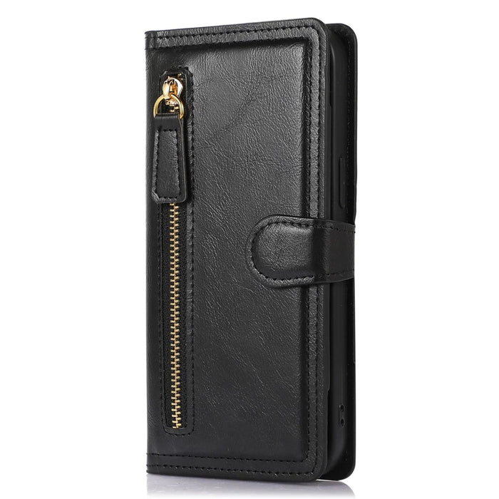 For iPhone 15 Phone Case Wallet Zipper Pocket Shockproof PU Leather Shell Flip Stand Phone Cover - Black - 6