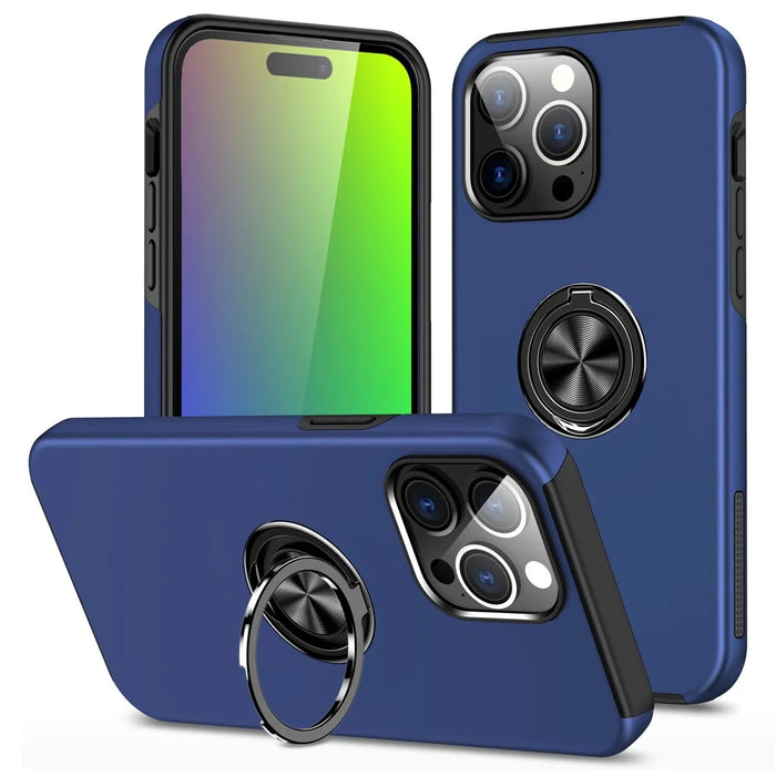 For iPhone 15 Pro Max Ring Holder Kickstand Phone Cover PC+TPU Anti-drop Back Case - Blue - 1