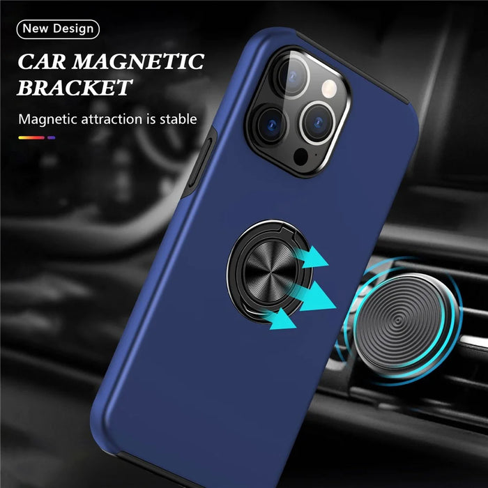 For iPhone 15 Pro Max Ring Holder Kickstand Phone Cover PC+TPU Anti-drop Back Case - Blue - 2