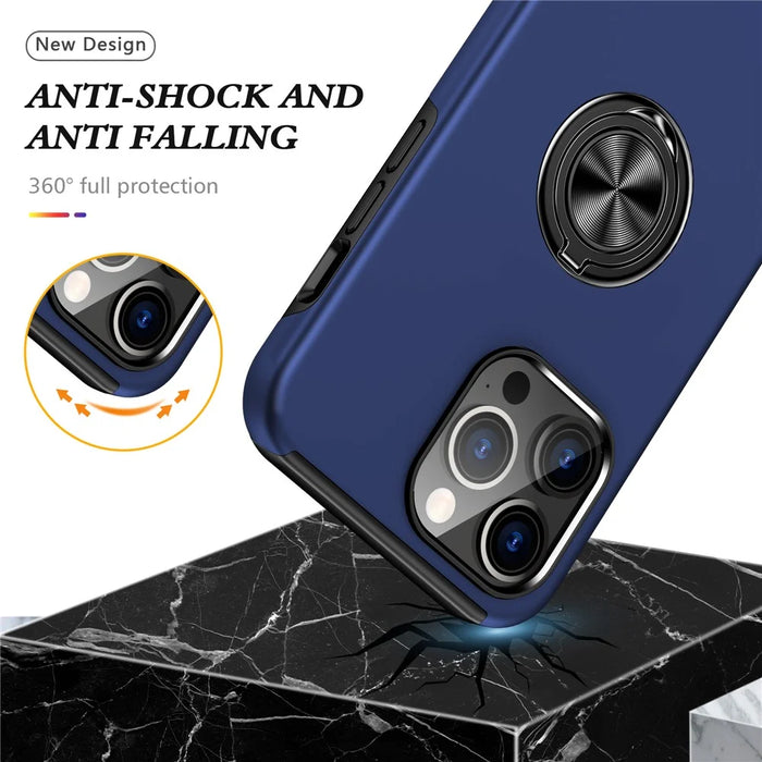 For iPhone 15 Pro Max Ring Holder Kickstand Phone Cover PC+TPU Anti-drop Back Case - Blue - 3
