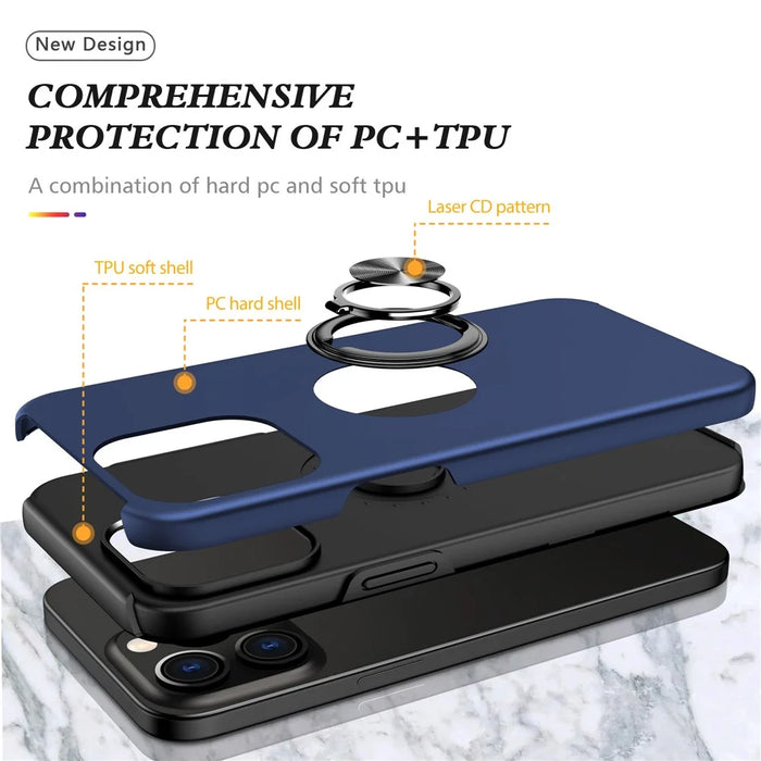 For iPhone 15 Pro Max Ring Holder Kickstand Phone Cover PC+TPU Anti-drop Back Case - Blue - 4