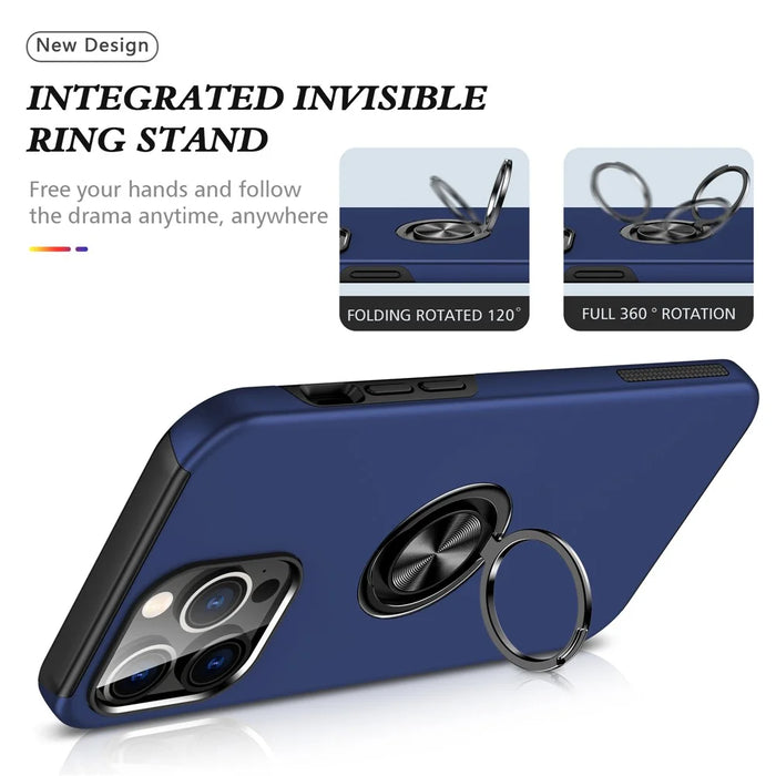 For iPhone 15 Pro Max Ring Holder Kickstand Phone Cover PC+TPU Anti-drop Back Case - Blue - 7
