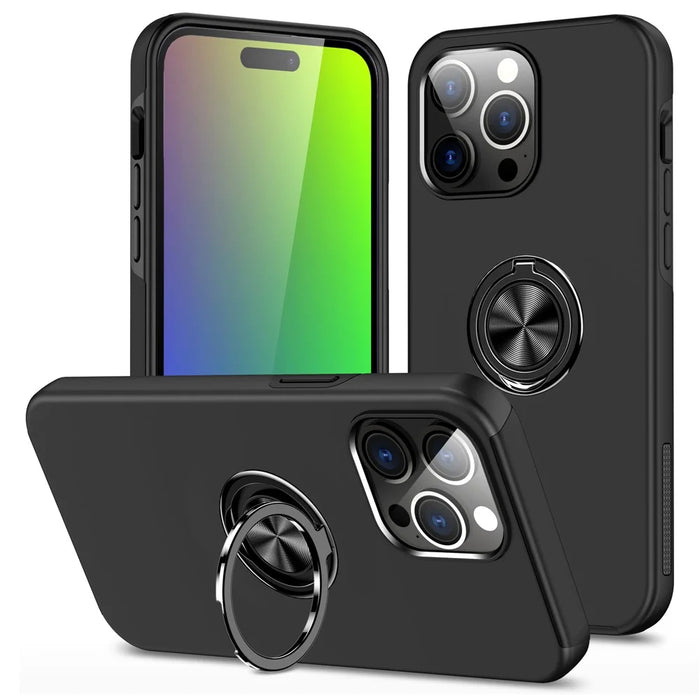 For iPhone 15 Pro Anti-drop Phone Case Ring Holder Kickstand PC+TPU Phone Back Cover - Black - 1
