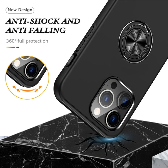 For iPhone 15 Pro Anti-drop Phone Case Ring Holder Kickstand PC+TPU Phone Back Cover - Black - 3