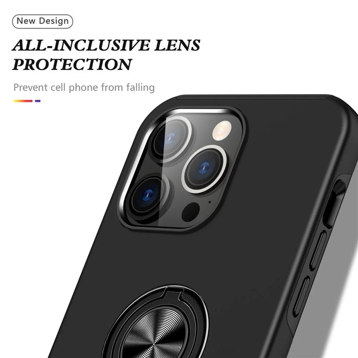 For iPhone 15 Pro Anti-drop Phone Case Ring Holder Kickstand PC+TPU Phone Back Cover - Black - 6