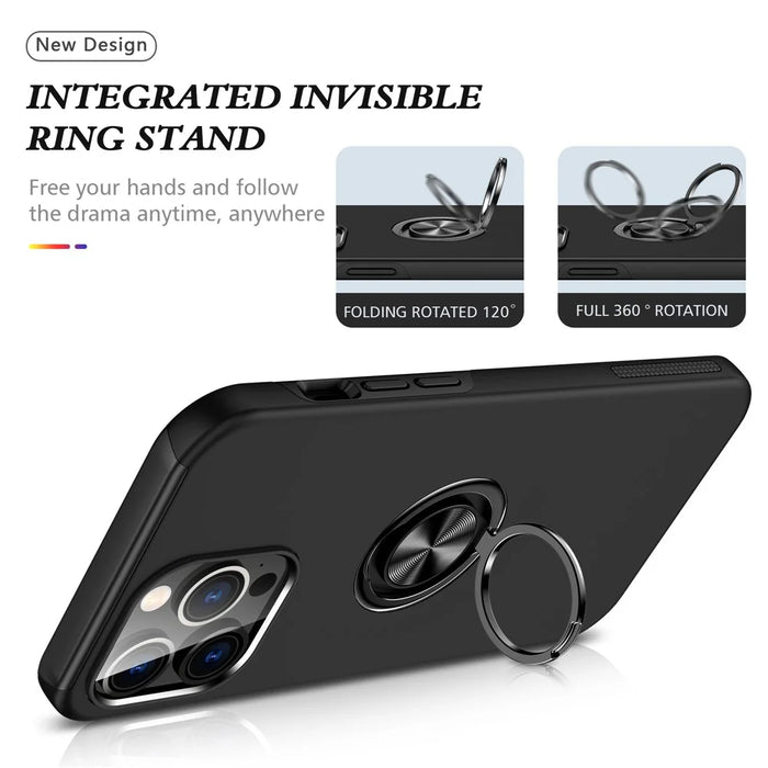 For iPhone 15 Pro Anti-drop Phone Case Ring Holder Kickstand PC+TPU Phone Back Cover - Black - 7