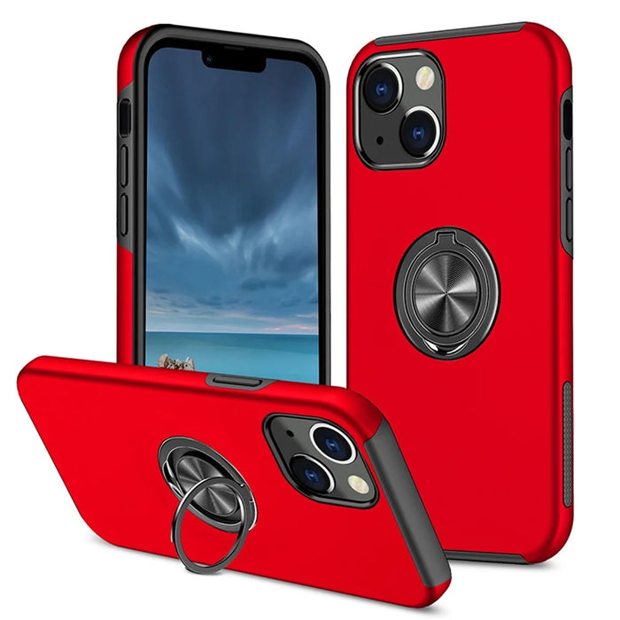 Ring Holder Kickstand PC+TPU Case for iPhone 15 , Drop-proof Protection Phone Cover - Red - 1