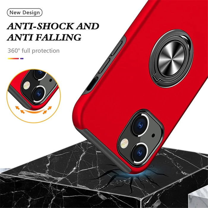 Ring Holder Kickstand PC+TPU Case for iPhone 15 , Drop-proof Protection Phone Cover - Red - 3